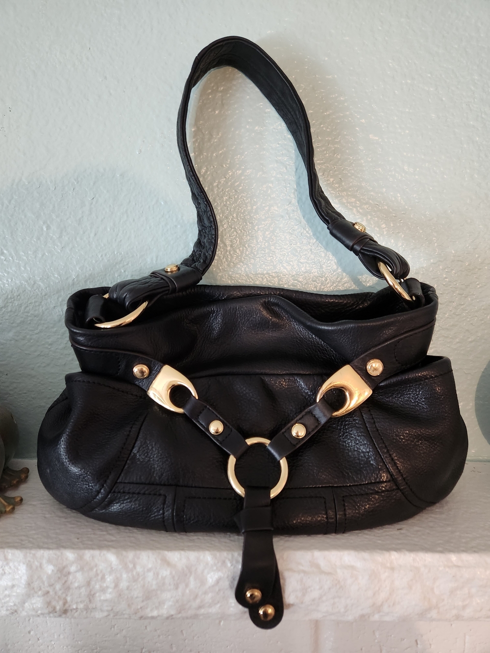 b. makowsky Black Leather Shoulder Bag with Gold Hardware 13x9